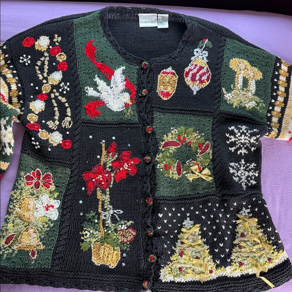 Fashion Bug Black Festive Cardigan with Red and Gold Accents
